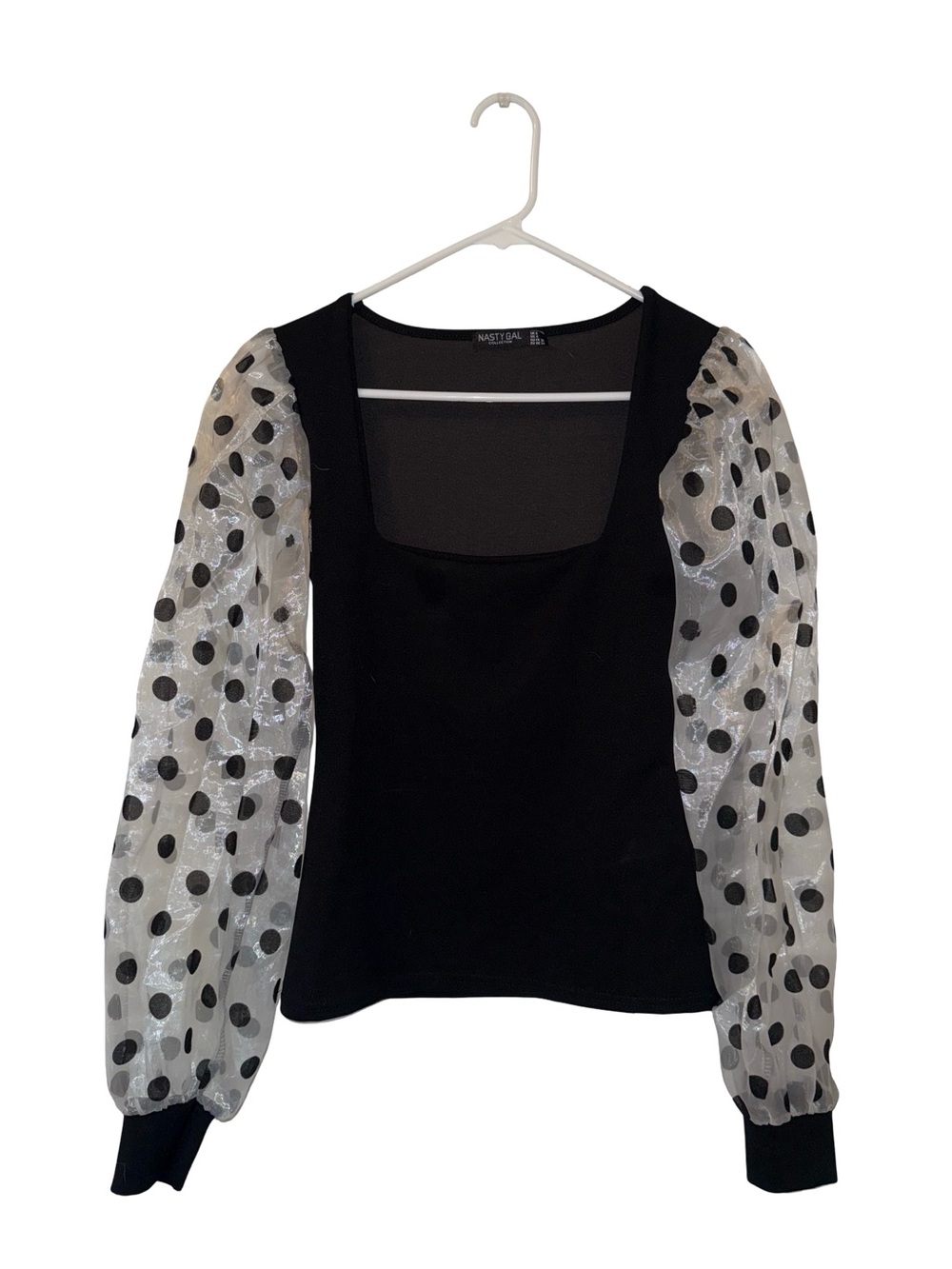 Nasty Gal Black Top with White Sheer Polka Dot Puff Sleeves
